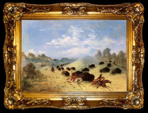 framed  George Catlin Comanche Indians Chasing Buffalo with Lances and Bows, ta009-2